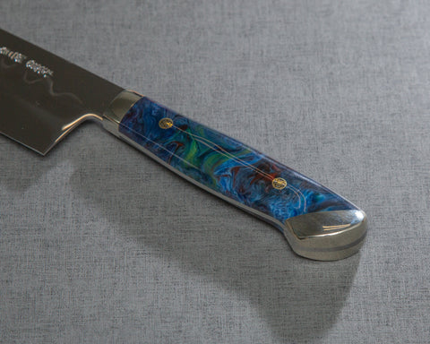 Kenji Togashi Shirogami #2 Mizu-Honyaki Mirror Ripple 240mm Kiritsuke Gyuto with Polished Flowing Blue River Acrylic Handle