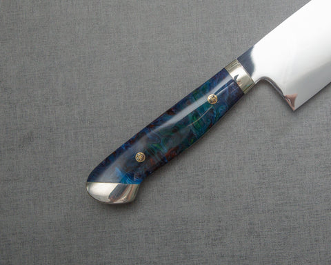 Kenji Togashi Shirogami #2 Mizu-Honyaki Mirror Ripple 240mm Kiritsuke Gyuto with Polished Flowing Blue River Acrylic Handle