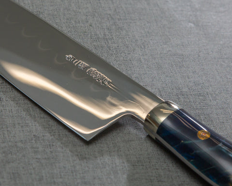 Kenji Togashi Shirogami #2 Mizu-Honyaki Mirror Ripple 180mm Santoku with Polished Navy Acrylic Handle
