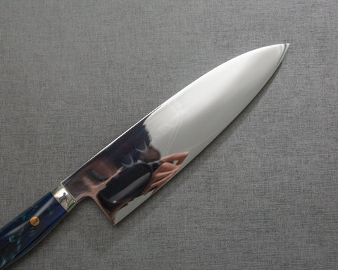 Kenji Togashi Shirogami #2 Mizu-Honyaki Mirror Ripple 180mm Santoku with Polished Navy Acrylic Handle