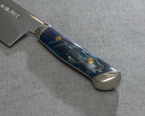 Kenji Togashi Shirogami #2 Mizu-Honyaki Mirror Ripple 180mm Santoku with Polished Navy Acrylic Handle