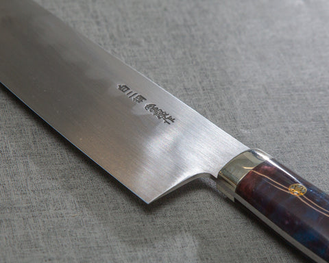 Kenji Togashi Shirogami#2 Mizu-Honyaki Ripple 180mm Bunka with Stabilized Wood / Polished Dusk Acrylic Handle