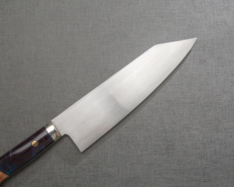 Kenji Togashi Shirogami#2 Mizu-Honyaki Ripple 180mm Bunka with Stabilized Wood / Polished Dusk Acrylic Handle