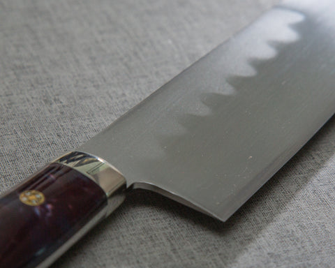 Kenji Togashi Shirogami#2 Mizu-Honyaki Ripple 180mm Bunka with Stabilized Wood / Polished Dusk Acrylic Handle