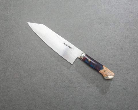 Kenji Togashi Shirogami#2 Mizu-Honyaki Ripple 180mm Bunka with Stabilized Wood / Polished Dusk Acrylic Handle
