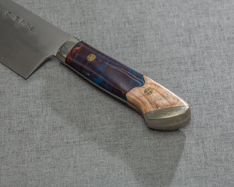 Kenji Togashi Shirogami#2 Mizu-Honyaki Ripple 180mm Bunka with Stabilized Wood / Polished Dusk Acrylic Handle