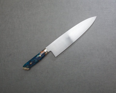 Kenji Togashi Shirogami #2 Mizu-Honyaki Ripple 210mm Gyuto with Stabilized Wood / Polished Marine Blue Acrylic Handle