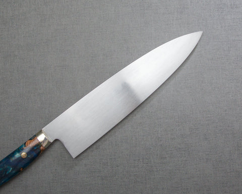 Kenji Togashi Shirogami #2 Mizu-Honyaki Ripple 210mm Gyuto with Stabilized Wood / Polished Marine Blue Acrylic Handle