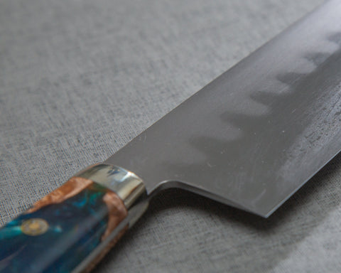 Kenji Togashi Shirogami #2 Mizu-Honyaki Ripple 210mm Gyuto with Stabilized Wood / Polished Marine Blue Acrylic Handle
