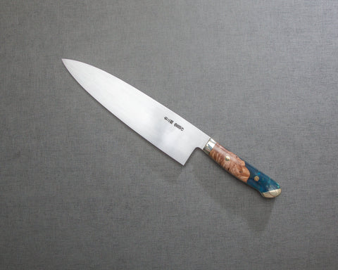 Kenji Togashi Shirogami #2 Mizu-Honyaki Ripple 210mm Gyuto with Stabilized Wood / Polished Marine Blue Acrylic Handle