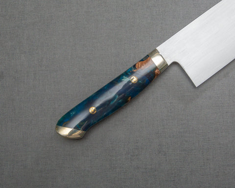 Kenji Togashi Shirogami #2 Mizu-Honyaki Ripple 210mm Gyuto with Stabilized Wood / Polished Marine Blue Acrylic Handle