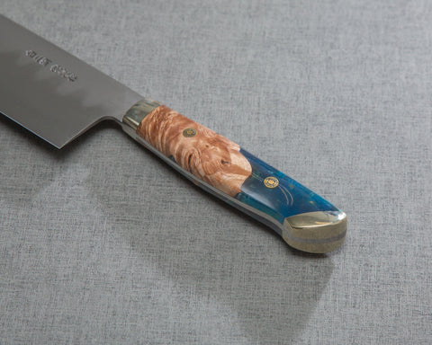 Kenji Togashi Shirogami #2 Mizu-Honyaki Ripple 210mm Gyuto with Stabilized Wood / Polished Marine Blue Acrylic Handle