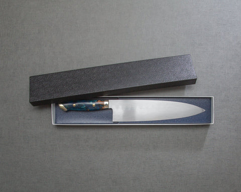 Kenji Togashi Shirogami #2 Mizu-Honyaki Ripple 210mm Gyuto with Stabilized Wood / Polished Marine Blue Acrylic Handle