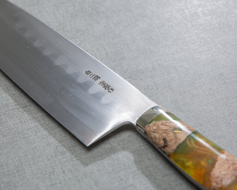 Kenji Togashi Shirogami #2 Mizu-Honyaki Ripple 240mm Gyuto with Stabilized Wood / Polished Olive Green Acrylic Handle