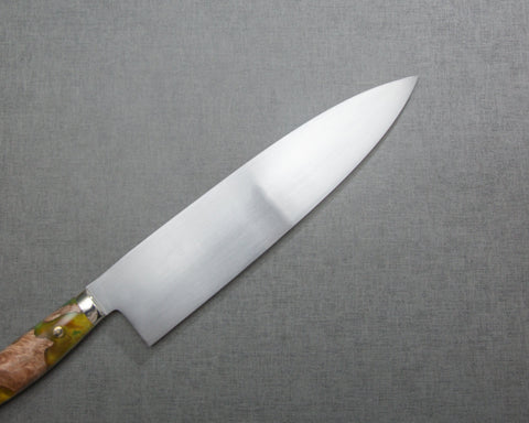 Kenji Togashi Shirogami #2 Mizu-Honyaki Ripple 240mm Gyuto with Stabilized Wood / Polished Olive Green Acrylic Handle