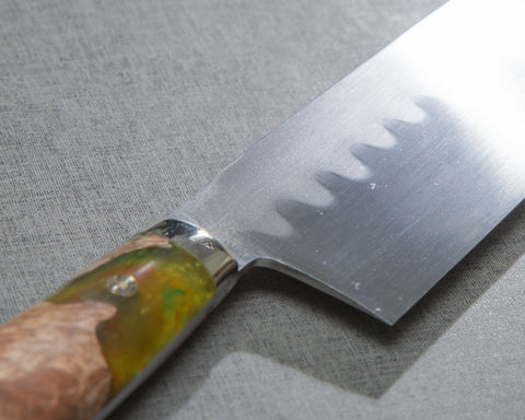 Kenji Togashi Shirogami #2 Mizu-Honyaki Ripple 240mm Gyuto with Stabilized Wood / Polished Olive Green Acrylic Handle