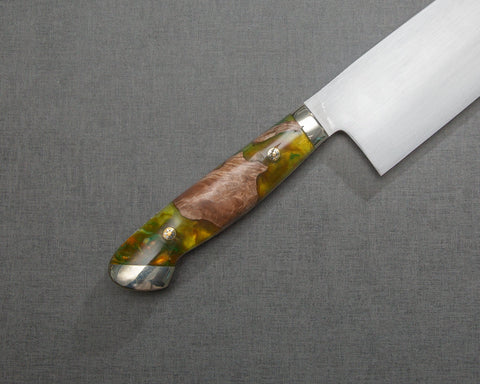 Kenji Togashi Shirogami #2 Mizu-Honyaki Ripple 240mm Gyuto with Stabilized Wood / Polished Olive Green Acrylic Handle
