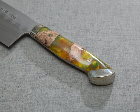 Kenji Togashi Shirogami #2 Mizu-Honyaki Ripple 240mm Gyuto with Stabilized Wood / Polished Olive Green Acrylic Handle
