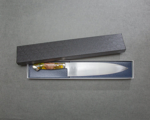 Kenji Togashi Shirogami #2 Mizu-Honyaki Ripple 240mm Gyuto with Stabilized Wood / Polished Olive Green Acrylic Handle
