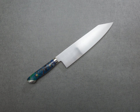 Kenji Togashi Shirogami #2 Mizu-Honyaki Ripple 210mm Kiritsuke Gyuto with Polished Flowing Blue River Acrylic Handle