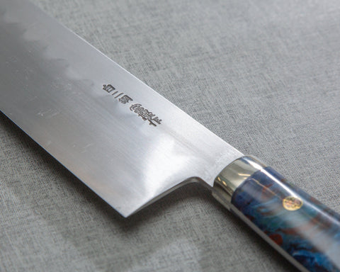 Kenji Togashi Shirogami #2 Mizu-Honyaki Ripple 210mm Kiritsuke Gyuto with Polished Flowing Blue River Acrylic Handle