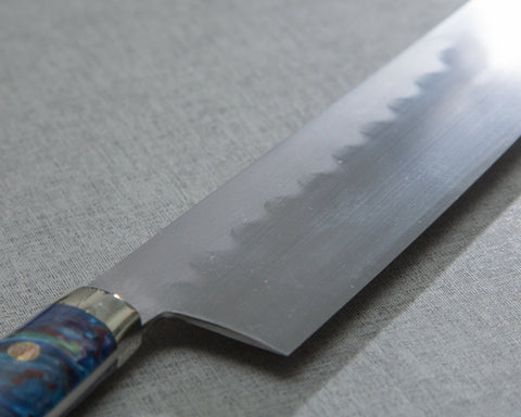Kenji Togashi Shirogami #2 Mizu-Honyaki Ripple 210mm Kiritsuke Gyuto with Polished Flowing Blue River Acrylic Handle