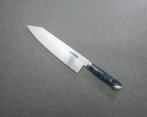 Kenji Togashi Shirogami #2 Mizu-Honyaki Ripple 210mm Kiritsuke Gyuto with Polished Flowing Blue River Acrylic Handle