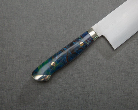 Kenji Togashi Shirogami #2 Mizu-Honyaki Ripple 210mm Kiritsuke Gyuto with Polished Flowing Blue River Acrylic Handle