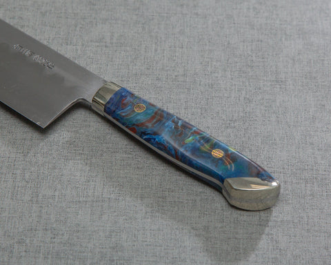 Kenji Togashi Shirogami #2 Mizu-Honyaki Ripple 210mm Kiritsuke Gyuto with Polished Flowing Blue River Acrylic Handle