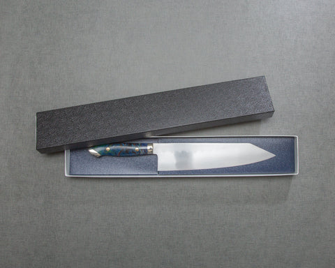 Kenji Togashi Shirogami #2 Mizu-Honyaki Ripple 210mm Kiritsuke Gyuto with Polished Flowing Blue River Acrylic Handle