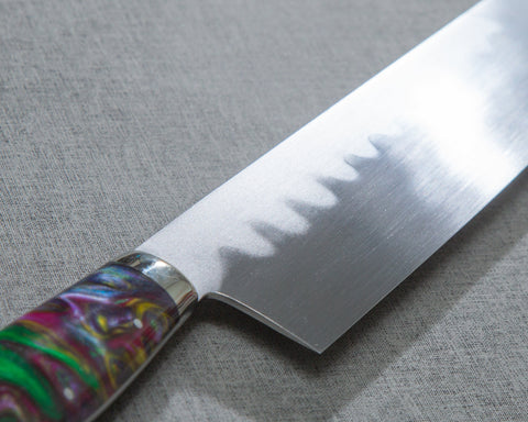 Kenji Togashi Shirogami #2 Mizu-Honyaki Ripple 240mm Kiritsuke Gyuto with Polished Mixed Marble Acrylic Handle