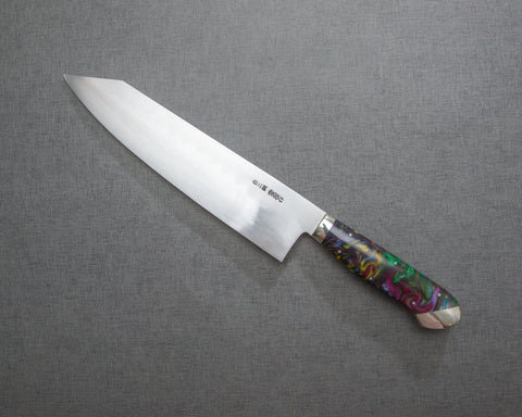 Kenji Togashi Shirogami #2 Mizu-Honyaki Ripple 240mm Kiritsuke Gyuto with Polished Mixed Marble Acrylic Handle