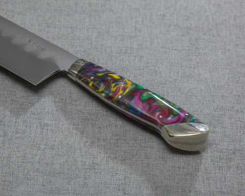 Kenji Togashi Shirogami #2 Mizu-Honyaki Ripple 240mm Kiritsuke Gyuto with Polished Mixed Marble Acrylic Handle