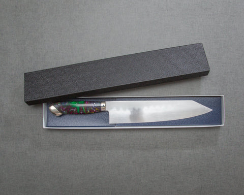 Kenji Togashi Shirogami #2 Mizu-Honyaki Ripple 240mm Kiritsuke Gyuto with Polished Mixed Marble Acrylic Handle