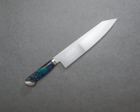 Kenji Togashi Shirogami #2 Mizu-Honyaki Ripple 240mm Kiritsuke Gyuto with Polished Flowing Blue River Acrylic Handle