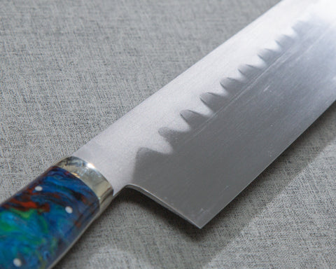 Kenji Togashi Shirogami #2 Mizu-Honyaki Ripple 240mm Kiritsuke Gyuto with Polished Flowing Blue River Acrylic Handle