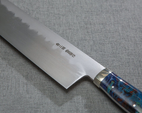 Kenji Togashi Shirogami #2 Mizu-Honyaki Ripple 240mm Kiritsuke Gyuto with Polished Flowing Blue River Acrylic Handle
