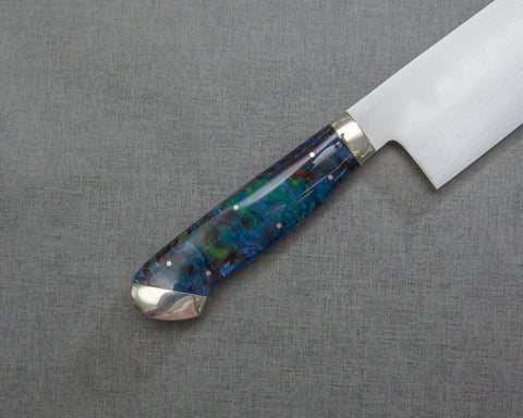 Kenji Togashi Shirogami #2 Mizu-Honyaki Ripple 240mm Kiritsuke Gyuto with Polished Flowing Blue River Acrylic Handle