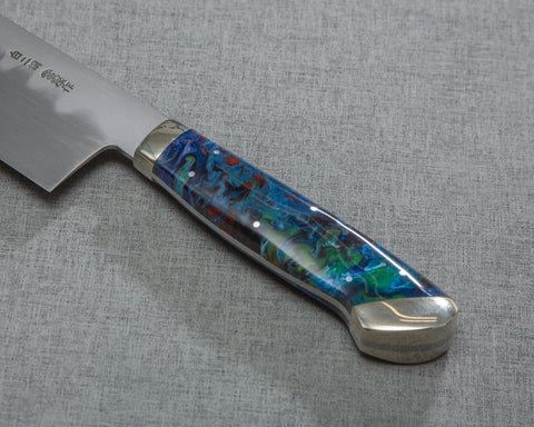 Kenji Togashi Shirogami #2 Mizu-Honyaki Ripple 240mm Kiritsuke Gyuto with Polished Flowing Blue River Acrylic Handle