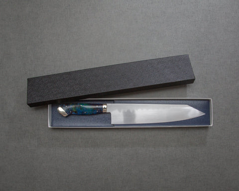 Kenji Togashi Shirogami #2 Mizu-Honyaki Ripple 240mm Kiritsuke Gyuto with Polished Flowing Blue River Acrylic Handle