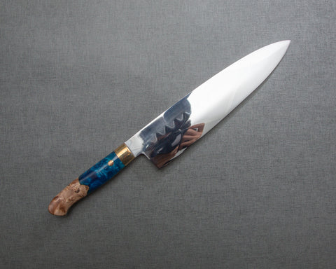 Kenji Togashi Shirogami #2 Mizu-Honyaki Mirror Ripple 240mm Gyuto with Stabilized Wood / Polished Ocean Blue Acrylic Handle