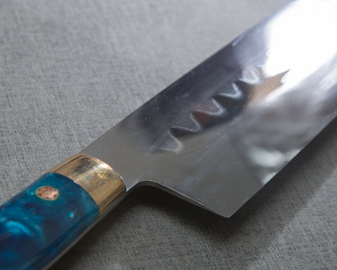 Kenji Togashi Shirogami #2 Mizu-Honyaki Mirror Ripple 240mm Gyuto with Stabilized Wood / Polished Ocean Blue Acrylic Handle