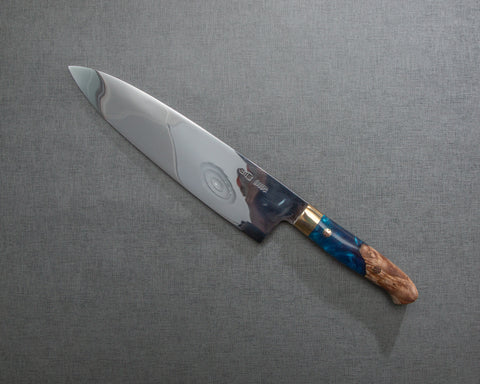 Kenji Togashi Shirogami #2 Mizu-Honyaki Mirror Ripple 240mm Gyuto with Stabilized Wood / Polished Ocean Blue Acrylic Handle