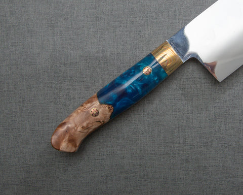 Kenji Togashi Shirogami #2 Mizu-Honyaki Mirror Ripple 240mm Gyuto with Stabilized Wood / Polished Ocean Blue Acrylic Handle