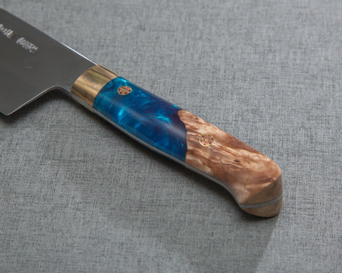 Kenji Togashi Shirogami #2 Mizu-Honyaki Mirror Ripple 240mm Gyuto with Stabilized Wood / Polished Ocean Blue Acrylic Handle