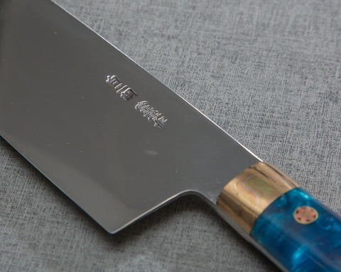 Kenji Togashi Shirogami #2 Mizu-Honyaki Mirror Ripple 240mm Gyuto with Stabilized Wood / Polished Ocean Blue Acrylic Handle