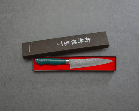 Shigeki Tanaka R2/SG2 Kurosome Damascus 135mm Petty with Pine Green Patterned Handle