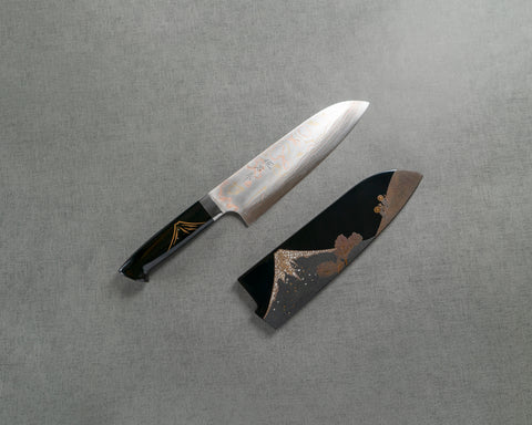 Takeshi Saji Aogami #2 Colored Damascus Maki-e Art Mount Fuji 180mm Santoku with Urushi Lacquered Handle and Saya