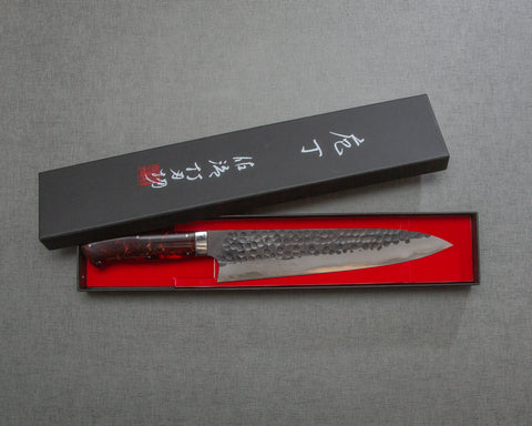 Takeshi Saji Aogami Super Kurouchi Tsuchime 240mm Gyuto with Polished Tigereye Acrylic Handle