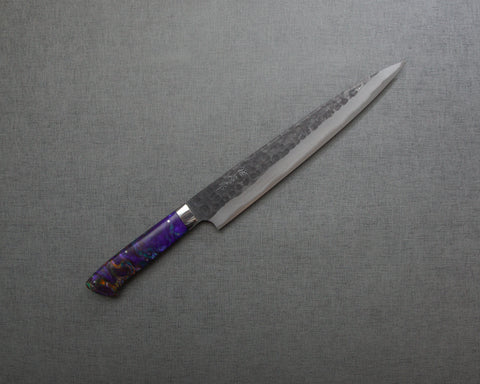 Takeshi Saji Aogami Super Kurouchi Tsuchime 240mm Sujihiki with Polished Fluorite Acrylic Handle